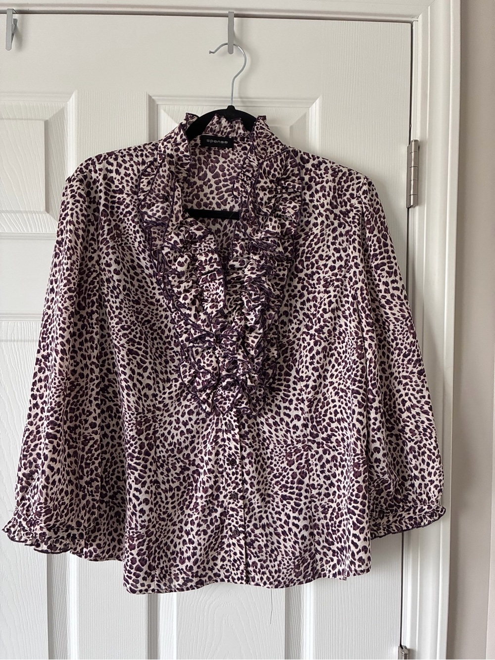 Spense Purple and White Ruffle-Front Leopard Print Blouse